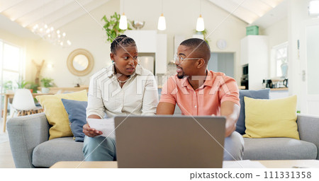 Finance, documents and couple with laptop on sofa with bills, paperwork and insurance budget. Financial planning, mortgage and black man and woman on computer for pension, tax payment or investment 111331358