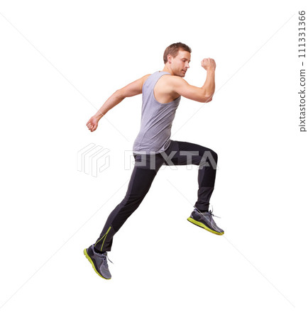 Man, running and jump in fitness, workout and training in studio with wellness and energy or speed. Sports model, sprinter or runner in air, exercise and cardio or muscle health on a white background 111331366