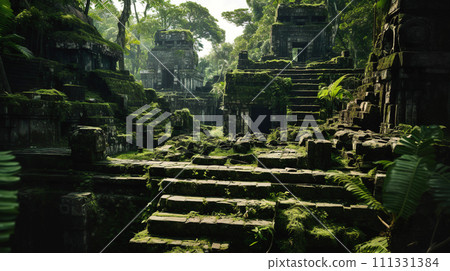 想像中的森林中被植物侵蝕的廢墟“人工智慧生成的圖像” 想像中的森林中被植物侵蝕的廢墟“人工智慧生成的圖像” 111331384