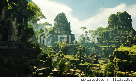 Ruins eroded by plants in an imaginary forest "AI generated image" Ruins eroded by plants in an imaginary forest "AI generated image" 111331392