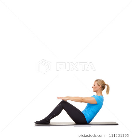 Woman, crunches and fitness on mat in studio for exercise, workout or healthy body with mock up space. Person, training and wellness for abdomen muscle or core strength on floor with white background 111331395