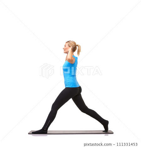 Yoga, health and workout with woman in studio for stretching, exercise and wellness. Gym, fitness and self care with female person on floor of white background for pilates, body and mockup space 111331453