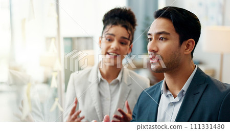 Teamwork, planning and business people writing in office for calendar, agenda or schedule management. Creative, goal and design team in problem solving meeting, brainstorming or solution discussion 111331480