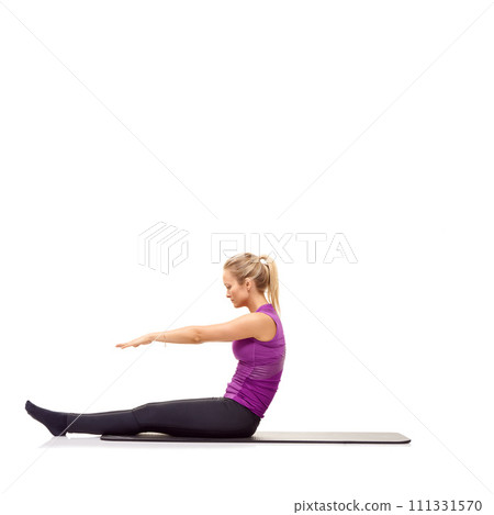 Woman, stretching or exercise on mat in studio for fitness, workout or healthy body and mock up space. Person, training and wellness for abdomen muscle or core strength on floor with white background 111331570