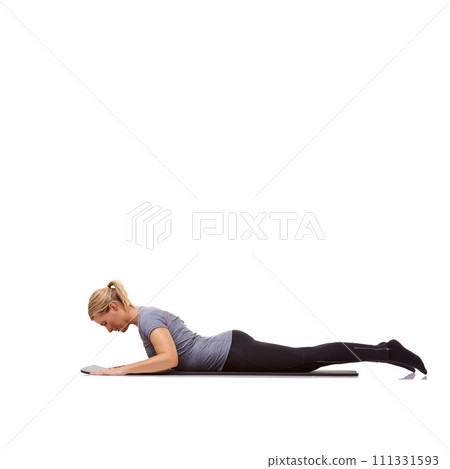 Woman, exercise and mat in studio for cobra, pilates or workout for healthy body, wellness and core muscle. Person, fitness and yoga on floor for abdomen health on mockup space and white background Woman, exercise and mat in studio for cobra, pilates or workout for healthy body, wellness and core muscle. Person, fitness and yoga on floor for abdomen health on mockup space and white background 111331593