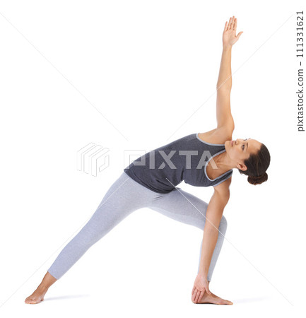 Yoga, stretching and young woman on a white background for fitness, workout and exercise with holistic wellness or muscle health. Flexible, young person with pilates practice and balance in studio Yoga, stretching and young woman on a white background for fitness, workout and exercise with holistic wellness or muscle health. Flexible, young person with pilates practice and balance in studio 111331621