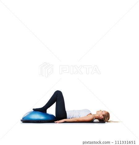 Woman, bosu ball and sit ups for exercise, workout or fitness on a white studio background. Young active female person or athlete on half round object for yoga, health and wellness on mockup space Woman, bosu ball and sit ups for exercise, workout or fitness on a white studio background. Young active female person or athlete on half round object for yoga, health and wellness on mockup space 111331651