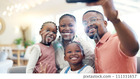 Black family, selfie and memory with parents and children at home, love and bonding, happy and social media. Live streaming, happiness and portrait, together and people smile in picture for post Black family, selfie and memory with parents and children at home, love and bonding, happy and social media. Live streaming, happiness and portrait, together and people smile in picture for post 111331657