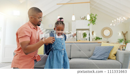 Black family, education and girl with backpack for school, kindergarten and high five from dad for support and motivation. Child, student and father helping to get ready and leave house in morning 111331663