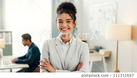 Portrait of woman with smile, confidence and coworking space, manager for online research and consulting agency. Office, happiness and businesswoman with arms crossed, leader and entrepreneur at work 111331687