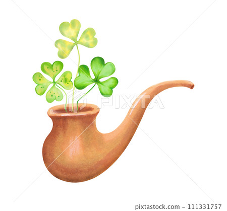 Vintage wooden brown smoking pipe with clover.Watercolor and marker illustration.St. Patrick's Day supplies.Clipart of retro accessory captain smoker.Hand drawn sketch isolated on white background. 111331757