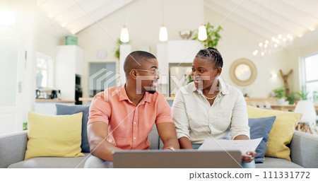 Finance, budget and couple with laptop on sofa with bills, paperwork and life insurance documents. Financial planning, mortgage and black man and woman on computer for pension, payment or investment 111331772