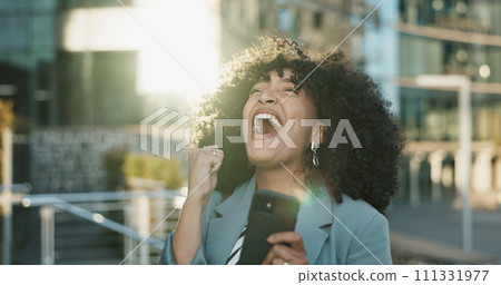 Happy business woman, phone and winning in city for bonus, promotion or good news in urban town. Excited female person or employee smile on mobile smartphone for achievement or outdoor success Happy business woman, phone and winning in city for bonus, promotion or good news in urban town. Excited female person or employee smile on mobile smartphone for achievement or outdoor success 111331977