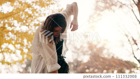 Outdoor, dancing and woman with talent, Japan and performance with training, routine and creative industry. Happy, contemporary and girl with summer, movement and dancer with practice and energy 111332008
