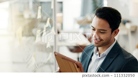 Writing, business man and thinking by a clear board with working, problem solving and work solution. Idea, male professional and notes for creative project of a worker in a office with schedule 111332050