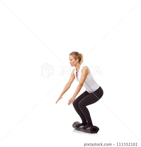 Woman, exercise and mat in studio for workout, pilates or fitness for healthy body, wellness or balance. Person, face and yoga in sportswear for physical activity on mock up space or white background 111332181
