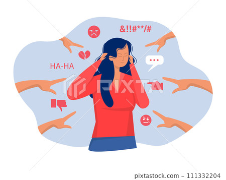 Bullying concept. Young upset Woman victim of harassment which symbolizes touching and violence against women. Fingers pointing at a woman. Vector illustration Bullying concept. Young upset Woman victim of harassment which symbolizes touching and violence against women. Fingers pointing at a woman. Vector illustration 111332204