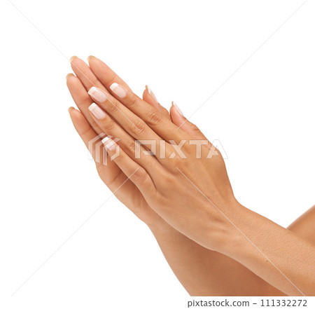 Woman, hands or nails in studio with manicure for cosmetics, skincare or nail treatment for wellness. Person, fingers or mock up space for cosmetology, moisturiser and smooth skin on white background Woman, hands or nails in studio with manicure for cosmetics, skincare or nail treatment for wellness. Person, fingers or mock up space for cosmetology, moisturiser and smooth skin on white background 111332272