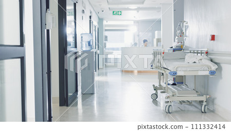 Hospital, healthcare and medical with an empty corridor for wellness, care or treatment and disease control. Medicine, service and hallway of a lobby in a clinic for rehabilitation or recovery 111332414