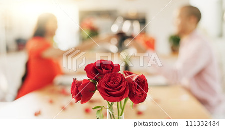 Couple, roses and toast at home with wine glass for celebration of love, romance and valentines day. People cheers for date success, drinking red champagne and luxury dinner at a table with flowers 111332484