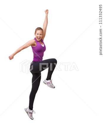 Woman, cheers and jump in studio for fitness, workout and training celebration, energy or achievement. Excited portrait of sports model or runner stretching in air with success on a white background 111332495