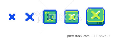 Pixel Close Icon Set for Retro Game UI. Retro 8-Bit Style Exit and Cancel Cross Symbol Buttons 111332502