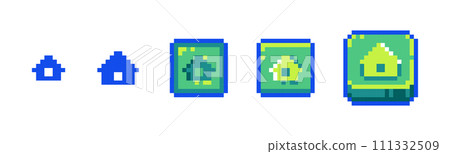 Pixel Home Icon Set for Retro Game UI. Retro 8-Bit Style Main Menu and Homepage Buttons 111332509