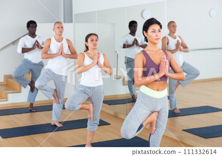 Fitness, sport and healthy lifestyle concept - group of people doing yoga 111332614