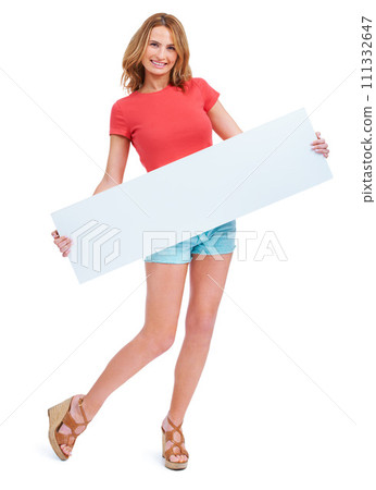 Woman, portrait and poster mockup in studio for announcement news, information space or fashion sale. Female person, face and billboard or white background for communication, advertising or about us Woman, portrait and poster mockup in studio for announcement news, information space or fashion sale. Female person, face and billboard or white background for communication, advertising or about us 111332647