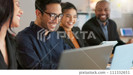 Man, presenter and collaboration with team in office for startup, strategy or business planning in New York. People, diversity and laugh at joke for work, technology or online documents for meeting Man, presenter and collaboration with team in office for startup, strategy or business planning in New York. People, diversity and laugh at joke for work, technology or online documents for meeting 111332651