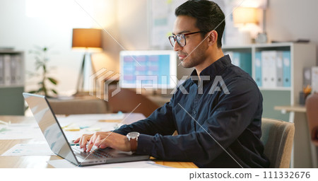 Businessman in office, typing on laptop and smile, planning online research in creative project at digital agency. Internet, website and networking, happy man with computer for email report or review Businessman in office, typing on laptop and smile, planning online research in creative project at digital agency. Internet, website and networking, happy man with computer for email report or review 111332676