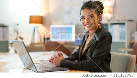 Portrait of businesswoman in office with smile, laptop and planning online research for creative project at digital agency. Internet, website and networking, happy woman and computer for email review 111332793