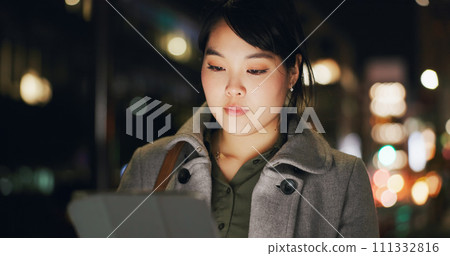 Business woman, city and tablet at night to scroll website, reading information and update app online. Japanese worker with digital software, social network or search internet in dark street of Tokyo Business woman, city and tablet at night to scroll website, reading information and update app online. Japanese worker with digital software, social network or search internet in dark street of Tokyo 111332816
