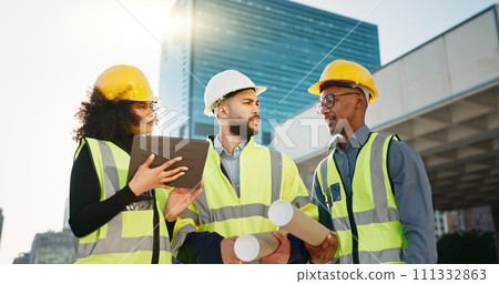 People, architect and team walking with tablet in planning for construction, building or project in city. Group of employees, contractor or engineer in teamwork with technology for architecture plan People, architect and team walking with tablet in planning for construction, building or project in city. Group of employees, contractor or engineer in teamwork with technology for architecture plan 111332863