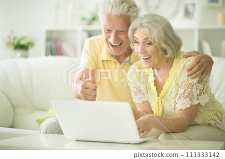 Portrait of senior couple using laptop at home Portrait of senior couple using laptop at home 111333142