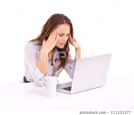 Woman in studio with headache, laptop glitch and burnout, technology fail on white background. Stress, frustrated and mistake online with migraine, 404 on internet with business website crisis 111333177