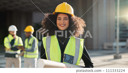 Happy woman, architect and city for construction management or teamwork in leadership on site. Portrait of female person, contractor or engineer smile for professional architecture, project or plan 111333224