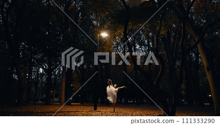 Ballet, dance and night or outdoor performance at park street lamp or outdoor, practice or creative artist. Female person, leg and dress on pointe in Japanese garden or talent, entertainment or skill 111333290