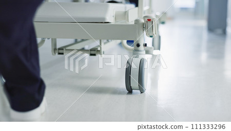 Healthcare, doctor and push bed in hospital for surgery, emergency or medical problem in corridor. Medicine, professional and nurse feet with stretcher for wellness, service and risk in clinic or job Healthcare, doctor and push bed in hospital for surgery, emergency or medical problem in corridor. Medicine, professional and nurse feet with stretcher for wellness, service and risk in clinic or job 111333296