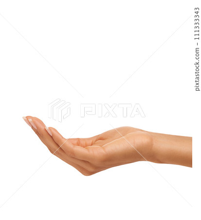 Woman, hand and wrist in studio with manicure for cosmetics, skincare or nail treatment for wellness. Person, fingers or mock up space for cosmetology, moisturiser and smooth skin on white background 111333343