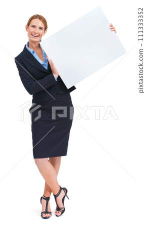 Woman, portrait and poster mockup in studio for information news, communication or business sale. Female person, board and advertising as corporate worker or about us, signage on white background 111333352