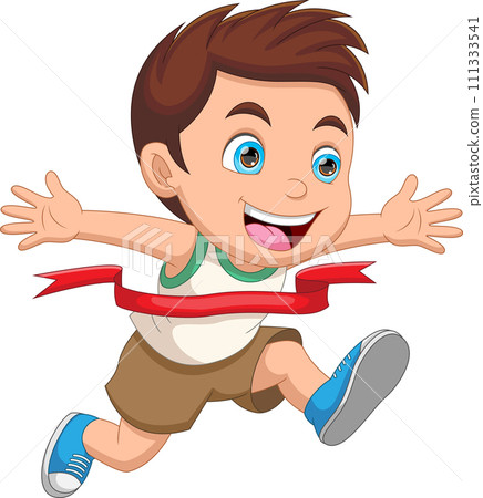 Happy boy ran to the finish line first cartoon Happy boy ran to the finish line first cartoon 111333541