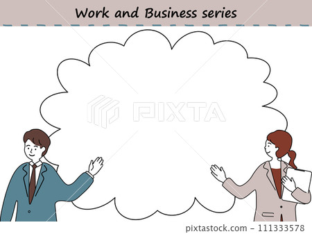 Business people, men and women, explaining with speech bubbles Business people, men and women, explaining with speech bubbles 111333578