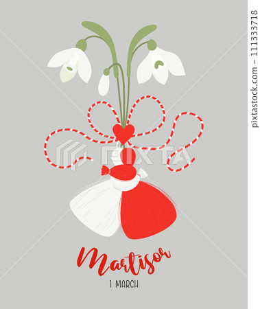 Martisor. Traditional holiday accessory talisman Martenitsa with snowdrop flowers. Symbol for spring beginning. 1 March. Vector illustration postcard in flat style 111333718