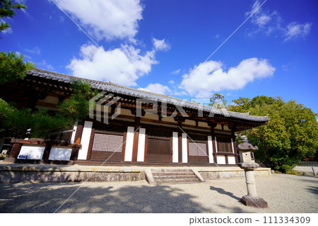 Akishinoji temple main hall in autumn, a temple in Nara Akishinoji temple main hall in autumn, a temple in Nara 111334309