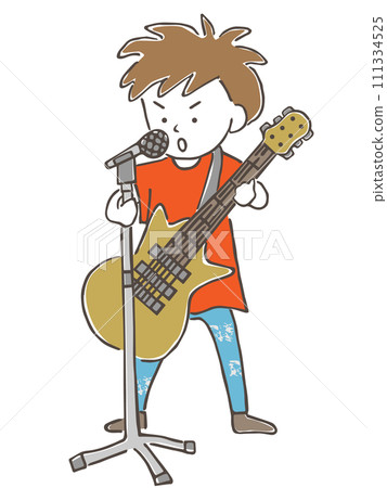 A young male musician sings while playing a musical instrument, the guitar. A young male musician sings while playing a musical instrument, the guitar. 111334525