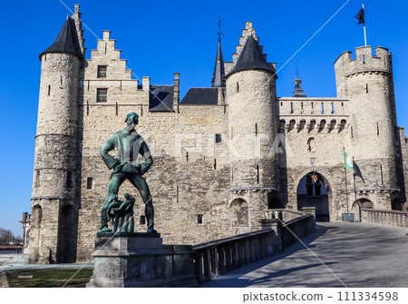 Medieval fortification Het Steen, The stone in Antwerp, Belgium. Historic old center of the city. Travel high quality photo. 111334598