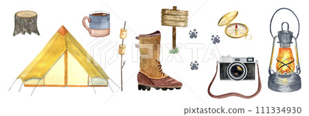 Watercolor camping hiking set isolated on white Watercolor camping hiking set isolated on white 111334930
