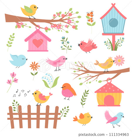 Cute birds, colorful bird houses, flowers and twigs set. Cute birds, colorful bird houses, flowers and twigs set. 111334963