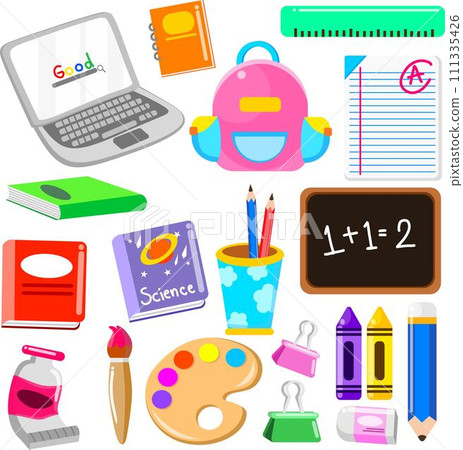 School Supplies cartoon vector set for kids study school School Supplies cartoon vector set for kids study school 111335426